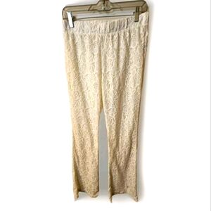 Aerie Womens M Flare Pants Ivory Cotton Casual Pull On with Elastic Waist